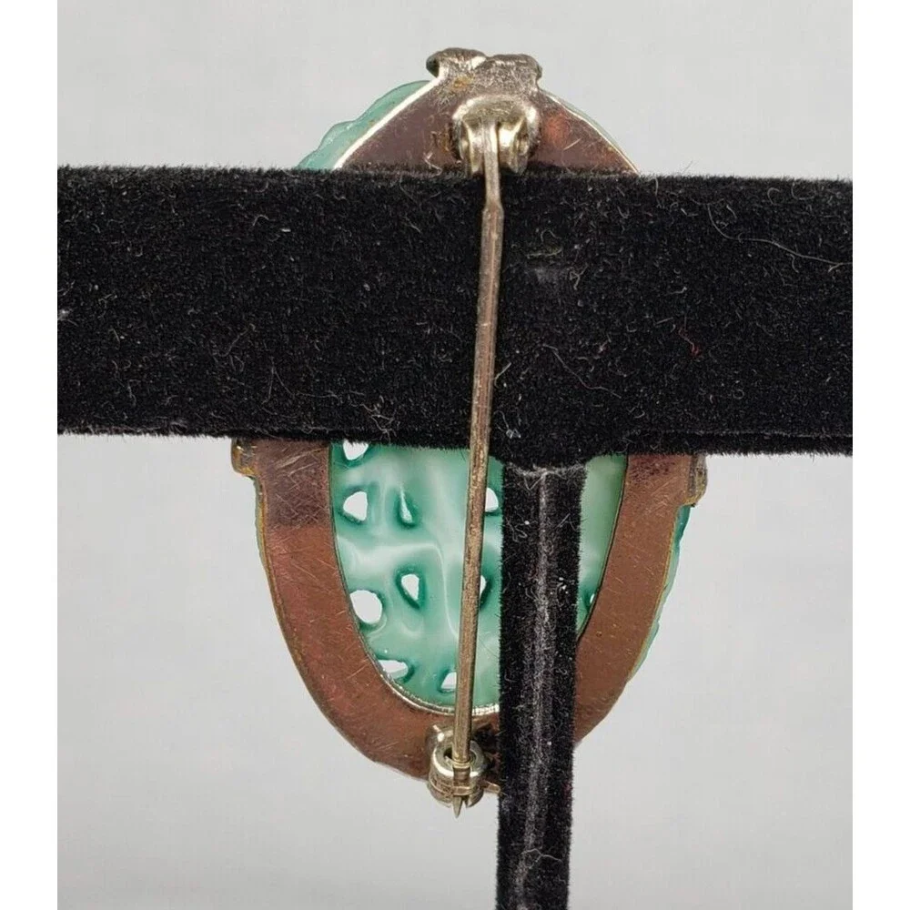 Vintage 1900 - 1920 Art Deco Carved Butterfly Jadeite Jade Silver Tone Brooch - Picture 10 of 14